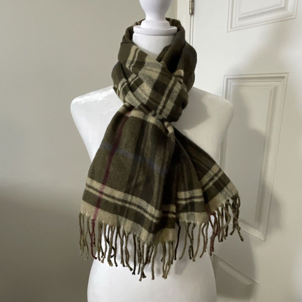 Italy Design Cashmere Viscose Blend Plaid Fringed Scarf Brown/Beige Sz 66" x 12" - Picture 4 of 5